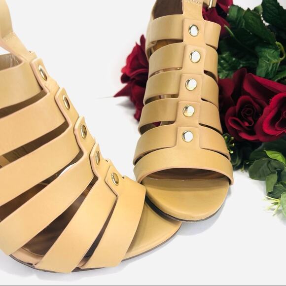 Aldo Strappy Stiletto Sandals/Booties Size 7.5 Tan Leather Open Toe High Heels - Picture 12 of 16